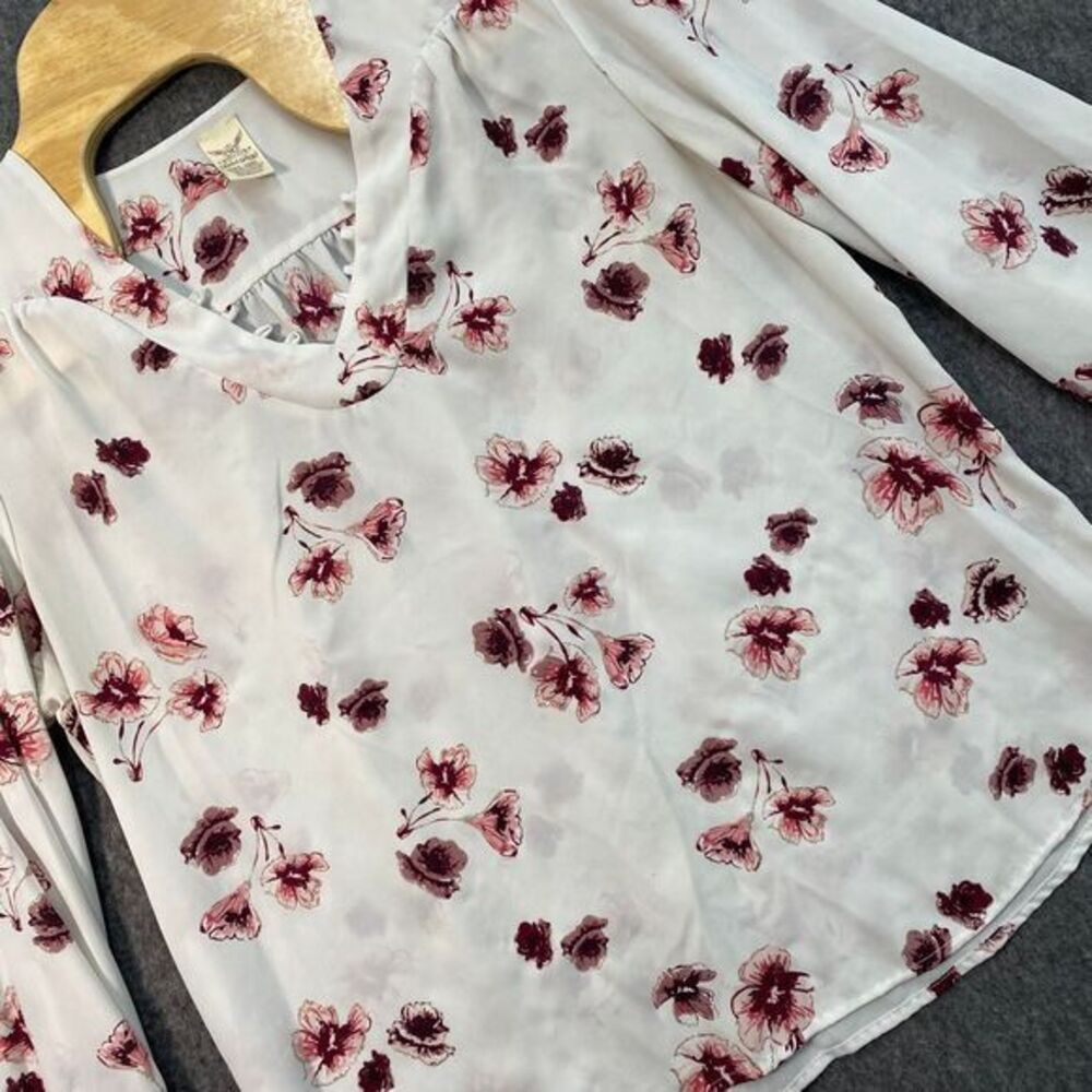 Faded Glory Floral Long Sleeve Blouse White Pink Rose Print XXL Flowy Sheer